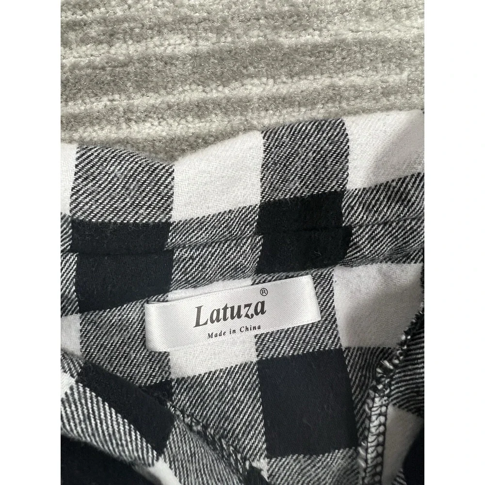 Latuza Sleepshirt Womens Medium Black & White Plaid Long‎ Sleeve Flannel